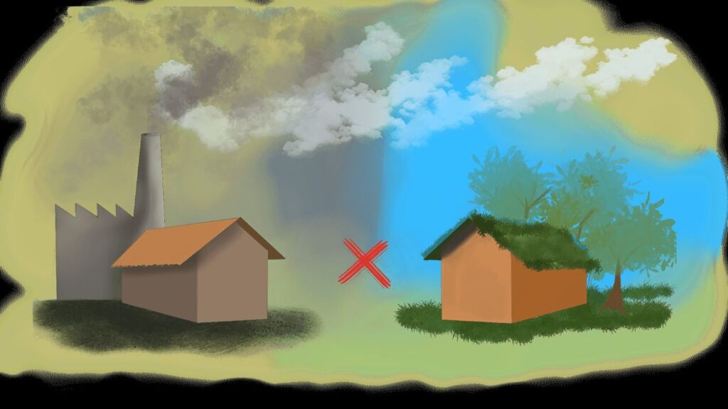 ilustração poluição e casa ecológica